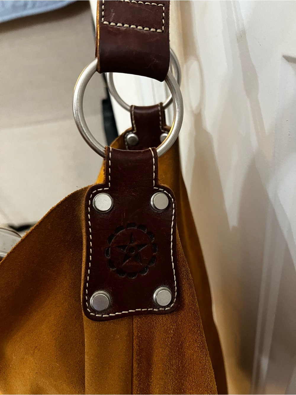 Ellington Cognac Suede Slouchy Hobo Shoulder Bag with Leather Ring Strap